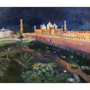 Israr Hussain, Night Scene Badshahi Mosque, 40 x 46 Inch, Oil on Canvas, Cityscape Painting, AC-ISHN-001